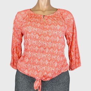 French Laundry Womens Tie Front Blouse Coral Tribal Print Keyhole Neck size XL